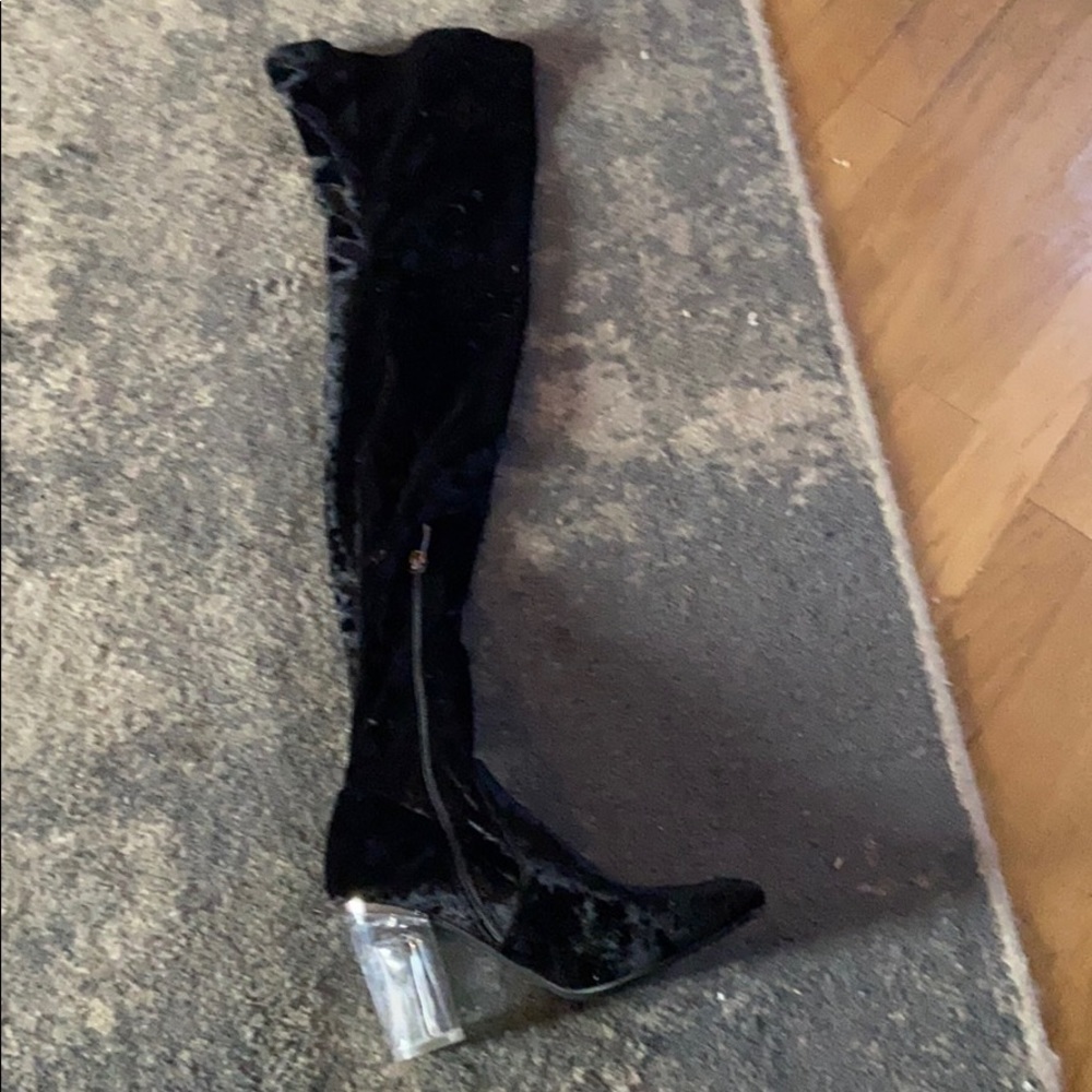 Thigh high suede boot with clear heel